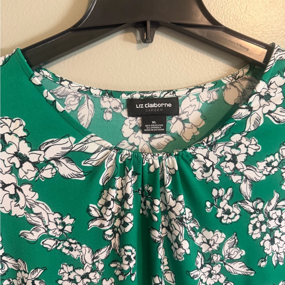 Liz Claiborne Emerald Green Floral Long Bell Sleeve Tunic peasant blouse size XL - Picture 3 of 8